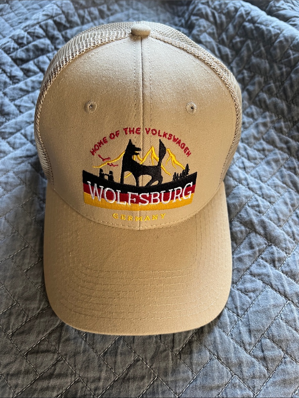 VW Wolfsburg Germany Beige Embroidered Trucker Cap adult sized